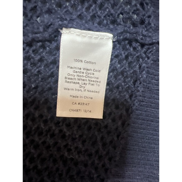 Talbots Petite Meduim Cardigan Navy Blue100% Cotton Open Weave Mesh Knit Pockets - Picture 3 of 8